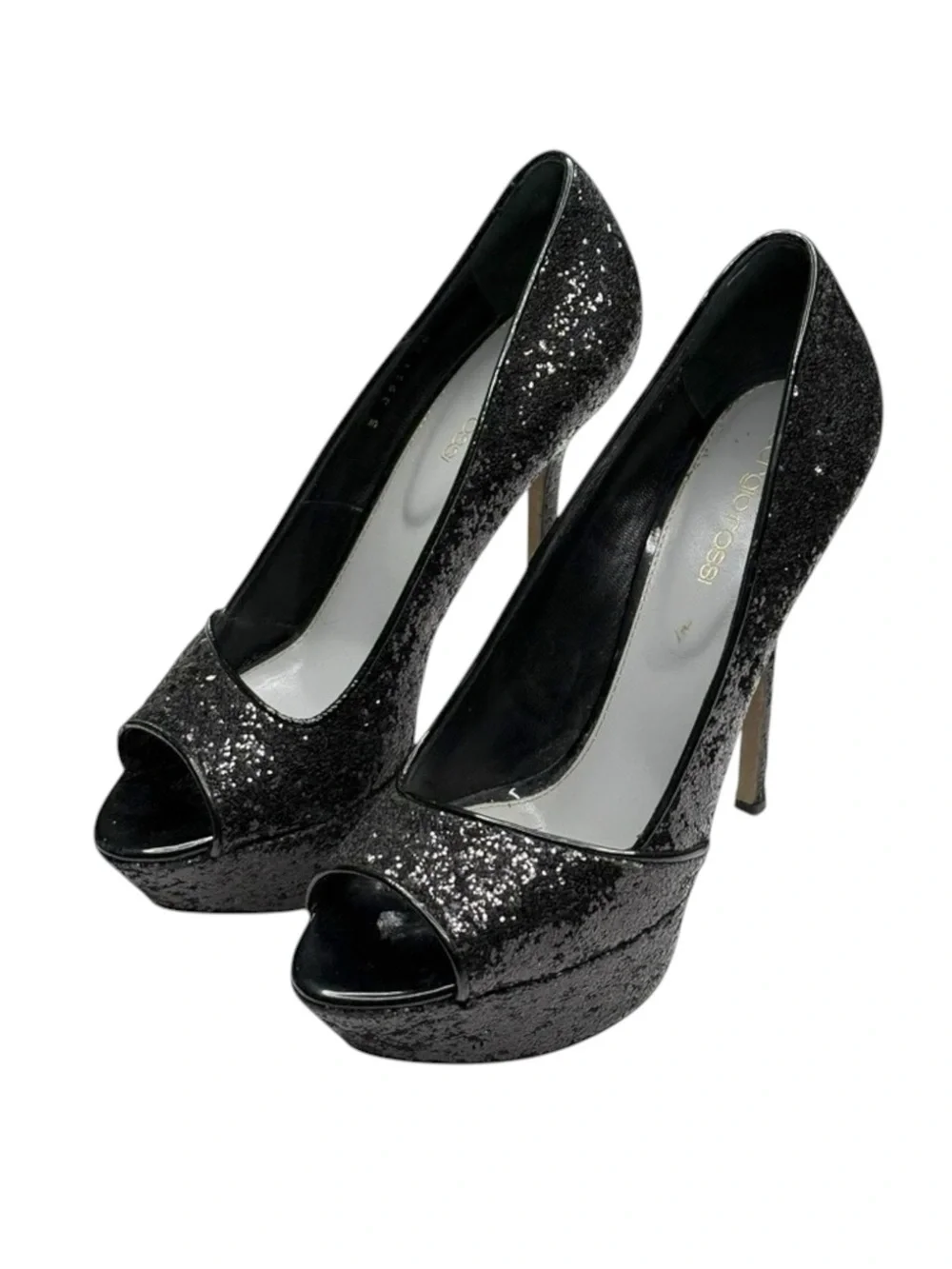Sergio Rossi 𒀭Boston Glitter Peep Toe Platform Sky High Stiletto Pumps 𒀭Black 38